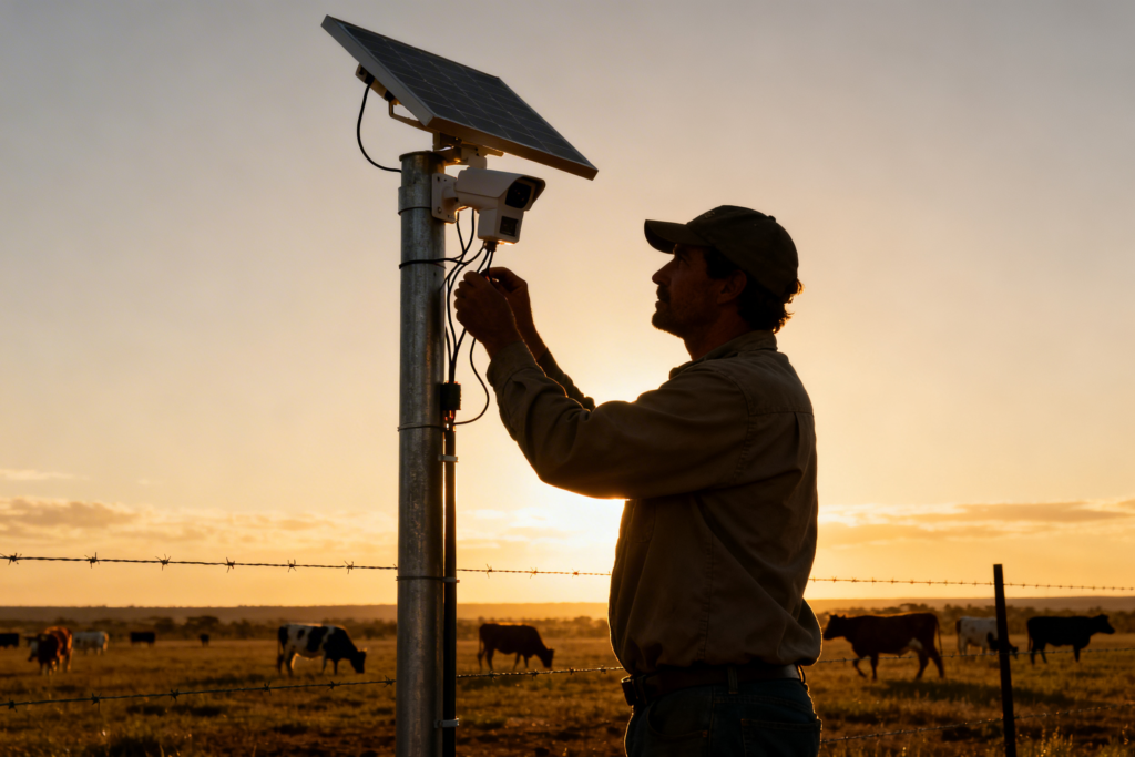 South African farmer inspecting solar security camera near livestock kraal on rural farm property