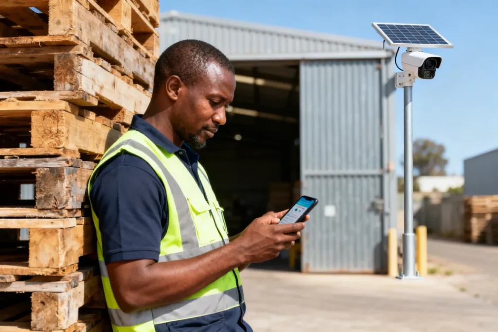 Warehouse manager checking solar security camera industrial feed on smartphone app