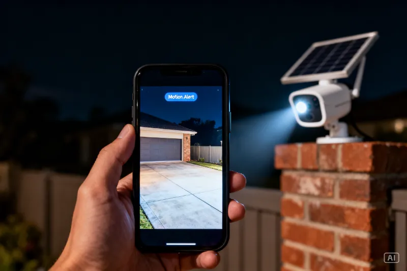 Smartphone showing live solar security camera footage with motion alert during load shedding at night in South