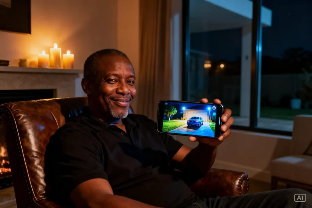 South African homeowner checking live solar security camera footage on smartphone during load shedding with candles in background