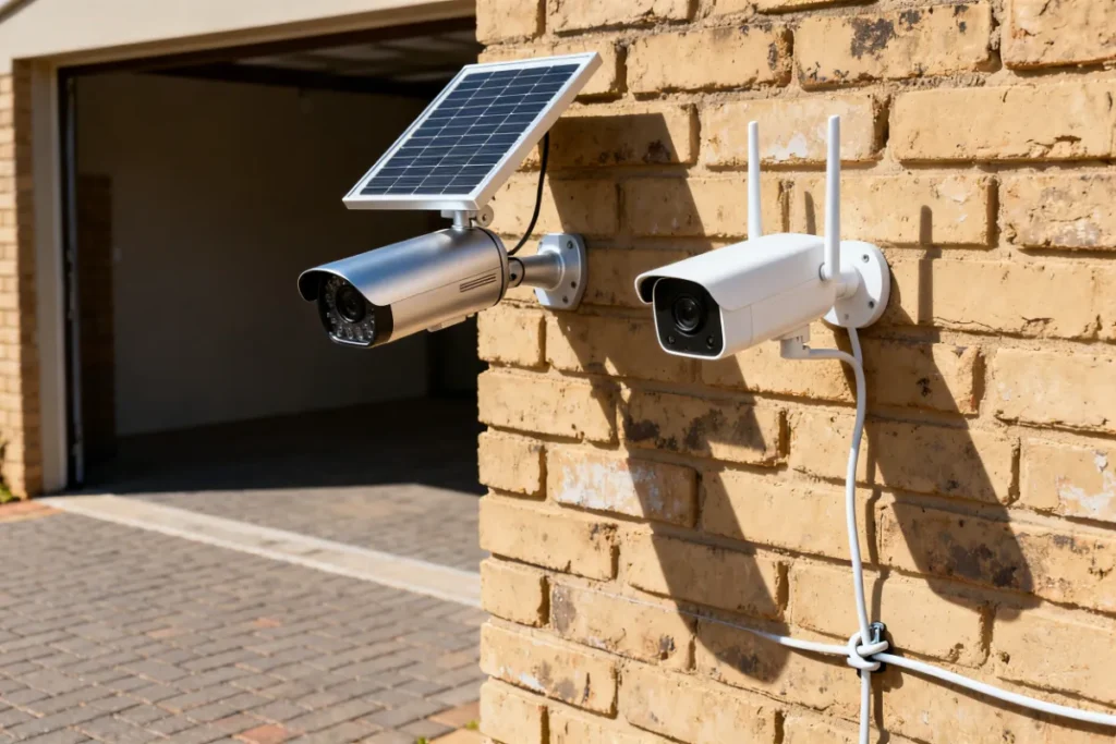 Side by side comparison of solar camera and WiFi CCTV camera mounted on South African boundary wall