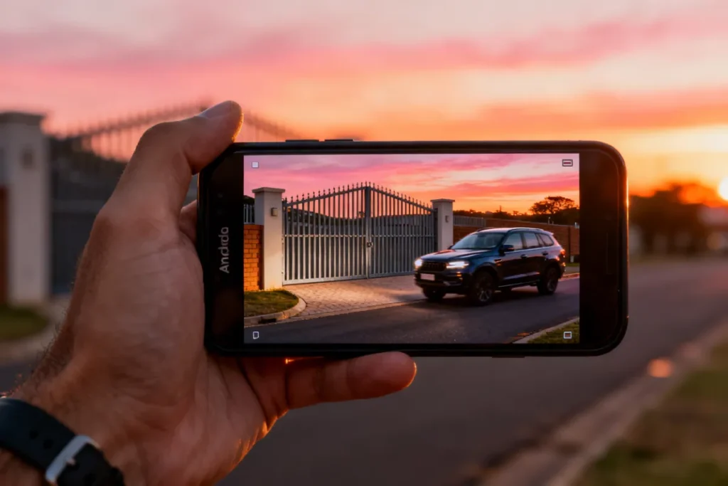 Smartphone showing live solar gate camera monitoring feed of a South African driveway entrance