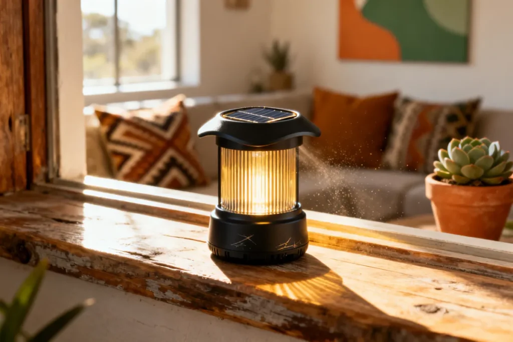 Solar powered lantern charging on a windowsill in a South African home preparing for load shedding