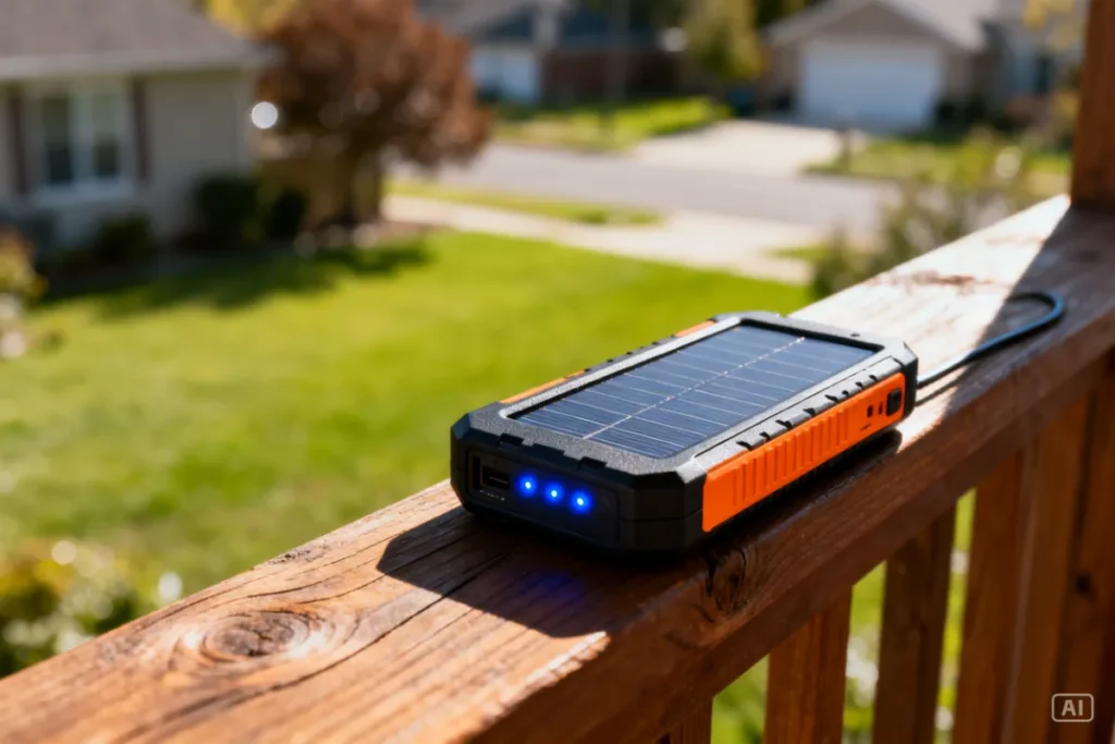 Rugged solar power bank actively charging in the bright South African sun