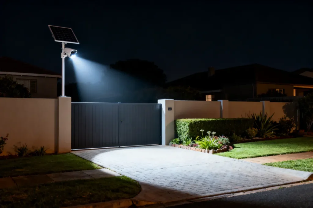Outdoor solar security camera with LED spotlight activated at night on a South African residential boundary wall
