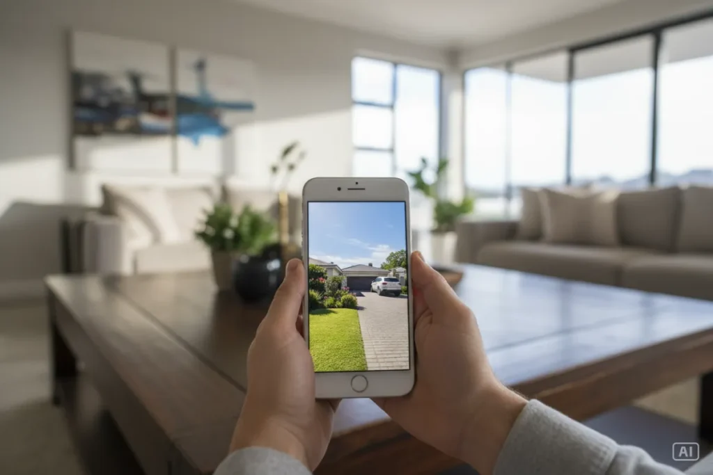Viewing a live security camera feed on a smartphone inside a house