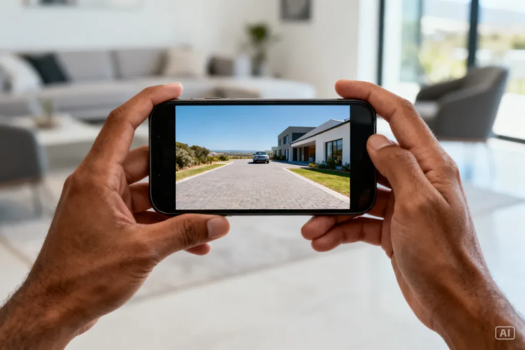 Checking a live feed from a wireless solar security camera on a smartphone