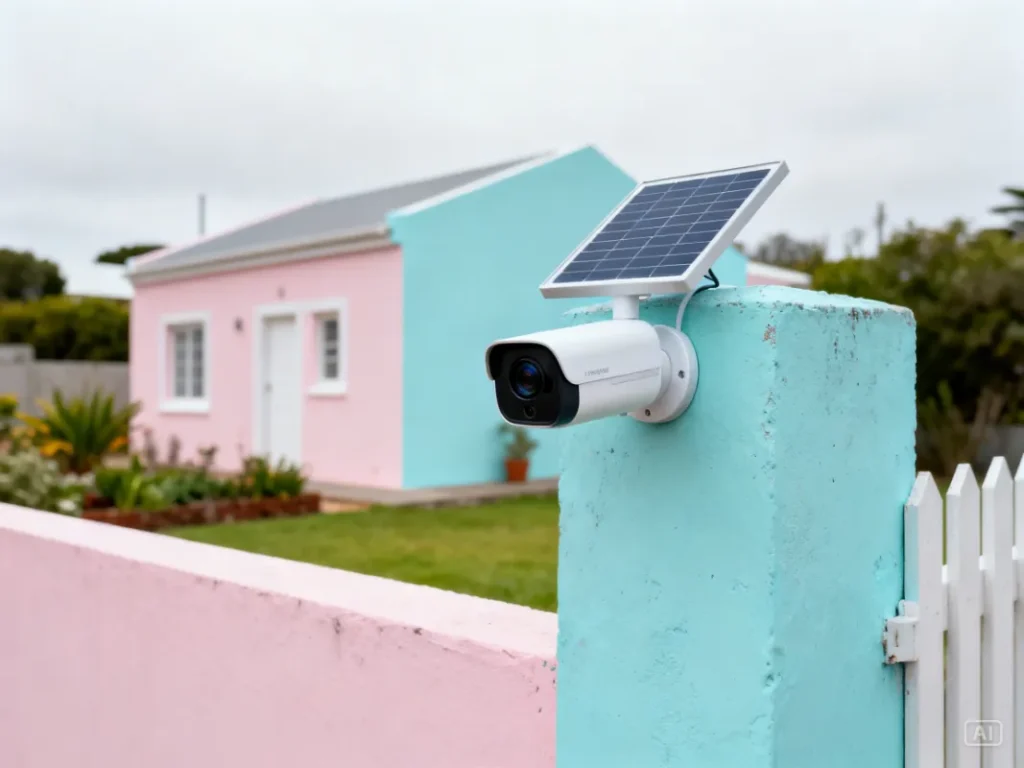 Close-up affordable solar camera with solar panel in South African sun