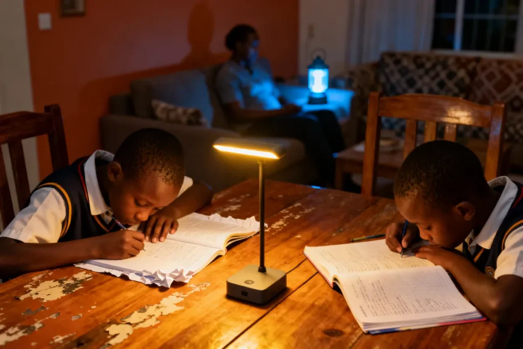 South African family using budget load shedding survival kit with rechargeable lantern and COB light during power cut
