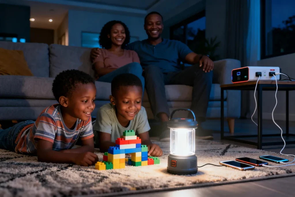 South African family calm and prepared during load shedding with rechargeable lantern and power bank
