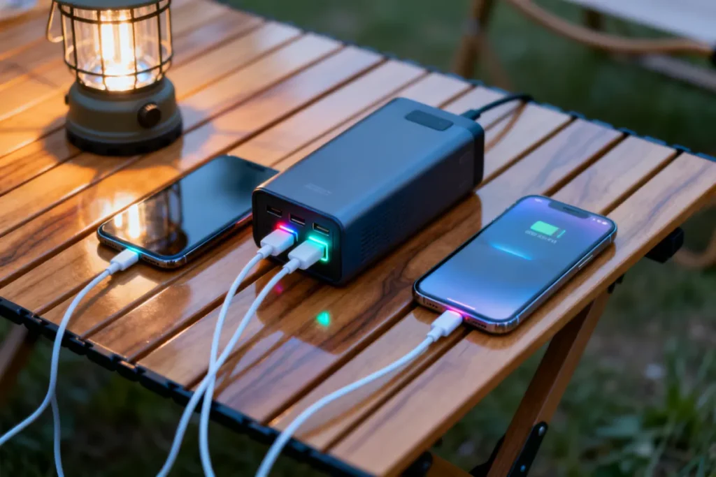 High-capacity power bank charging two smartphones during a power outage