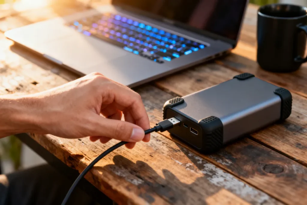 Plugging a USB-C cable into a high-capacity power bank on a desk