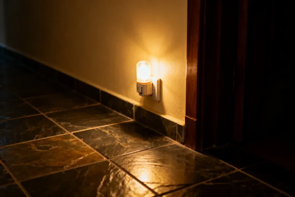 Plug-in emergency light automatically activated in South African home passage during load shedding