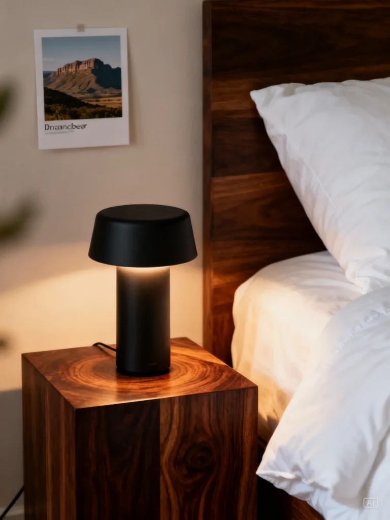 Safe rechargeable LED lamp glowing on a bedside pedestal