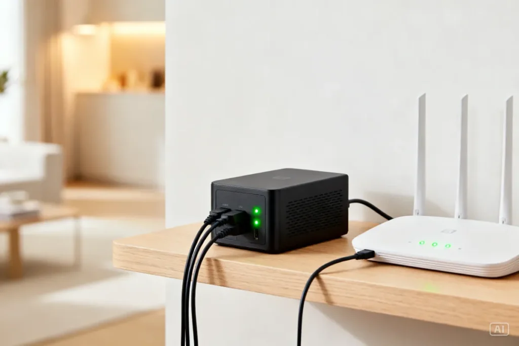 Compact mini UPS connected to a WiFi router for backup power