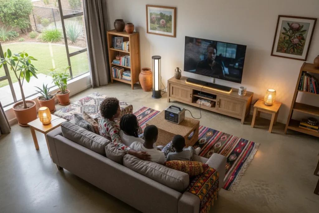 South African family watching TV powered by a portable power station