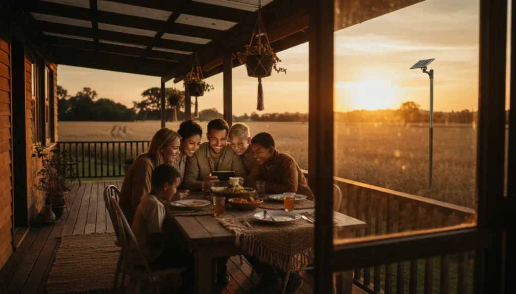 South African family checking motion clips from offline solar security camera on phone at farm table