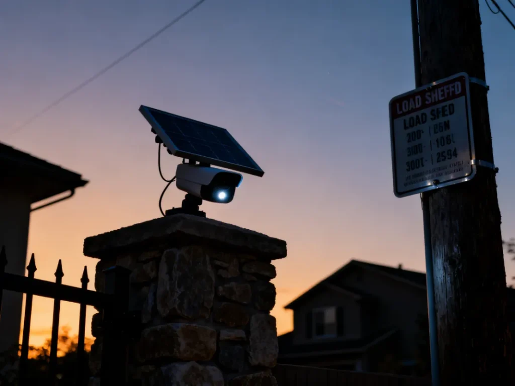 Solar security camera mounted on gate during load shedding in South Africa