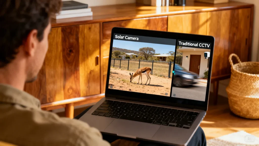 Split comparison showing solar camera footage vs traditional CCTV footage on a laptop screen in a South African home office.