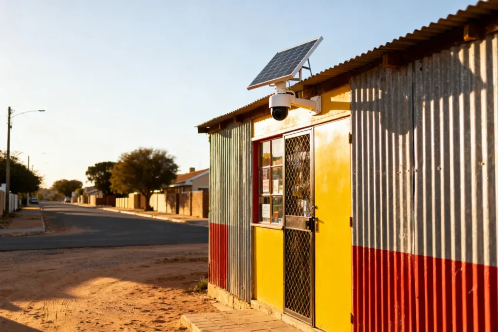 Solar security camera mounted above the entrance of a small South African spaza shop